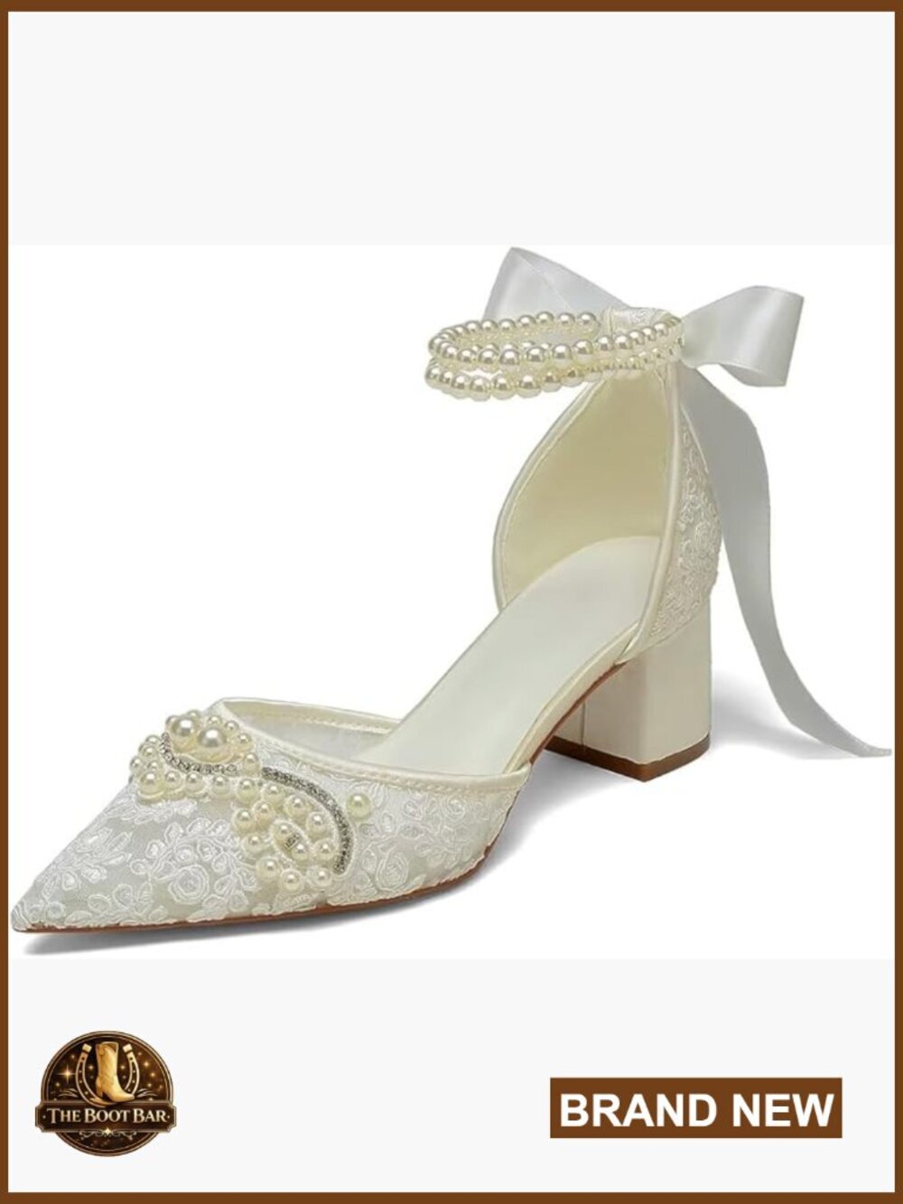 Pointed Toe Lace Pearl Block Heel Wedding Shoes Size US 6-11.5